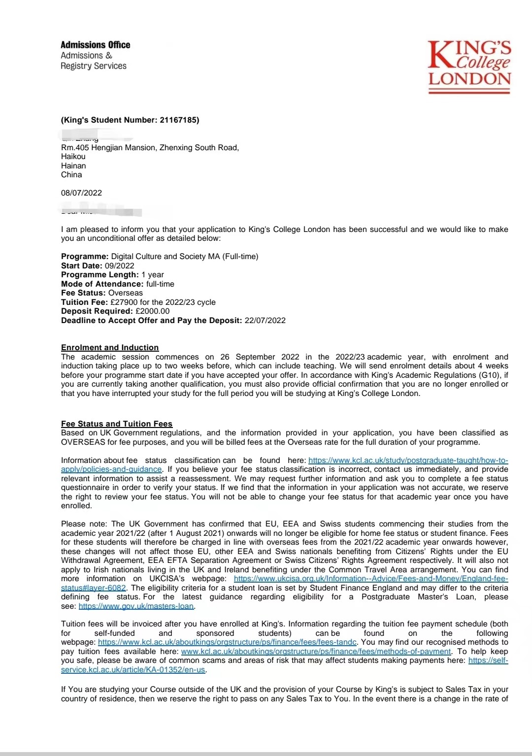 广东外语外贸大学申请英国出国留学成功案例